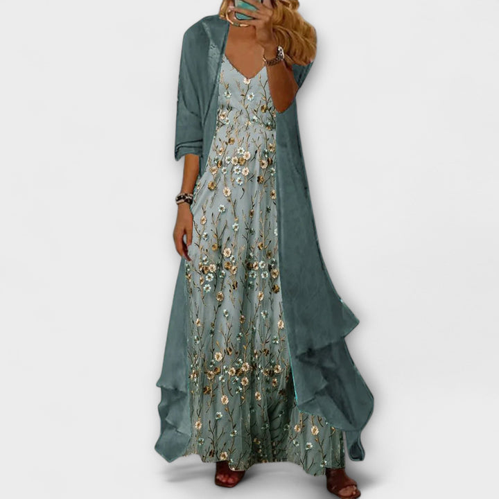 Luftiges Damen Blumen Maxikleid im Lagenlook mit V-Ausschnitt, perfekt für Urlaub & festliche Anlässe im Sommer.
