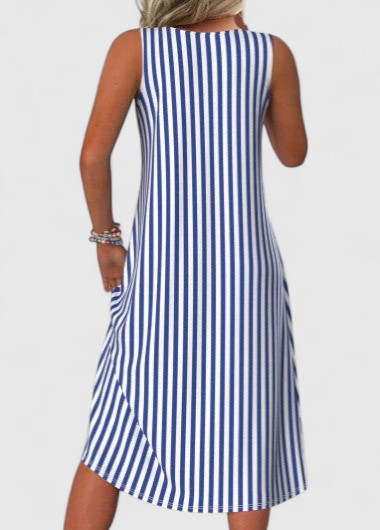 Leichtes Damenkleid mit blau-weißen Streifen, perfekt als Freizeitkleid oder schickes ärmelloses Strandkleid.