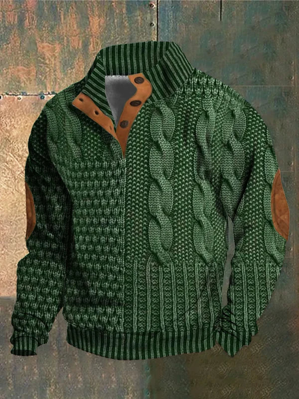 Bequemer Casual Herren Pullover mit Zopfmuster, Patchwork und Knopfkragen. Perfekt für entspannte Herbsttage.