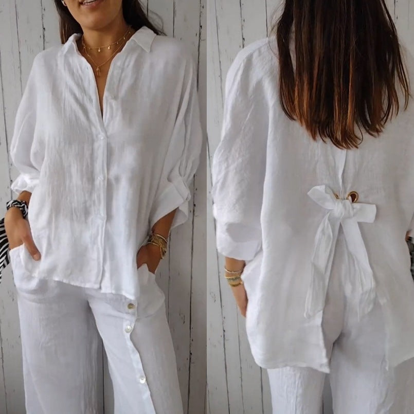 Elegante Damen Oversize Bluse mit dekorativem Rückendetail, ideal für sommerliche Freizeitlooks.