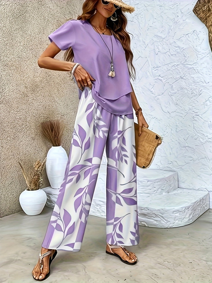 Damen Sommer Set elegant: Zweiteiler mit weiten Hosen & luftigem Kurzarmshirt für stilvolle Freizeit.