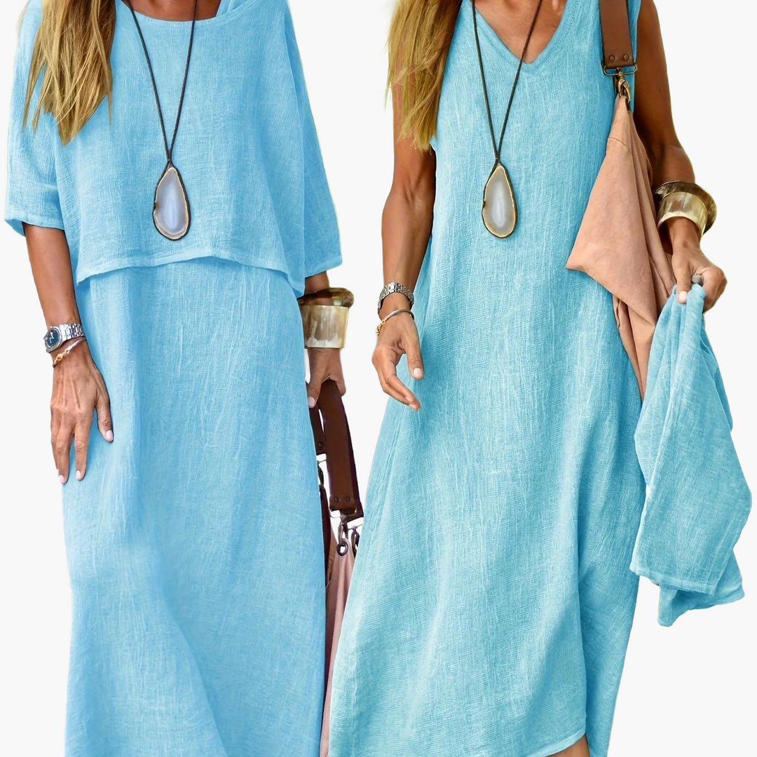 Fließendes Damen Maxikleid Set, zweiteilig, Boho-Look, perfekt für Frühling, Sommer & Urlaub.