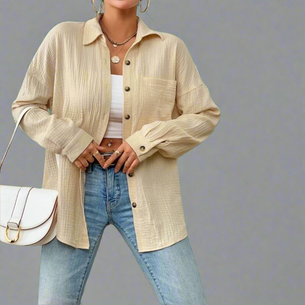 Elegante Damen-Oversize-Bluse, pflegeleicht. Vielseitig kombinierbar für Frühling & Sommer. Langarm Design.