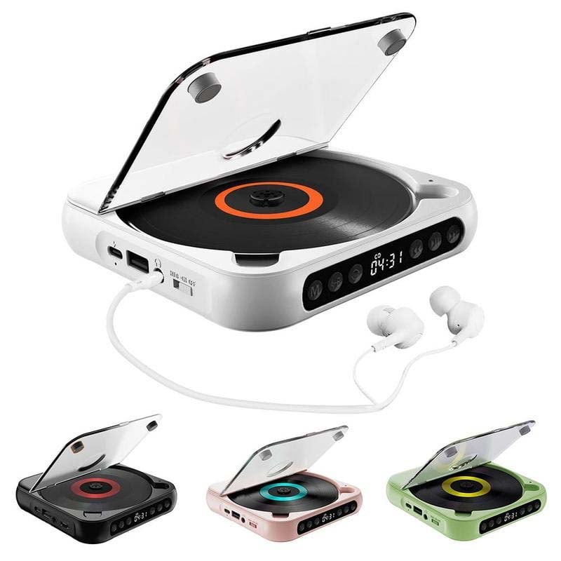 Kompakter Bluetooth CD-Player vor einem Outdoor-Hintergrund, bereit für Musik unterwegs.
