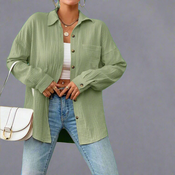 Leichte, luftige Damen Oversize-Bluse. Ideal für warme Frühlingstage und Sommerkomfort. Elegant & stilvoll.