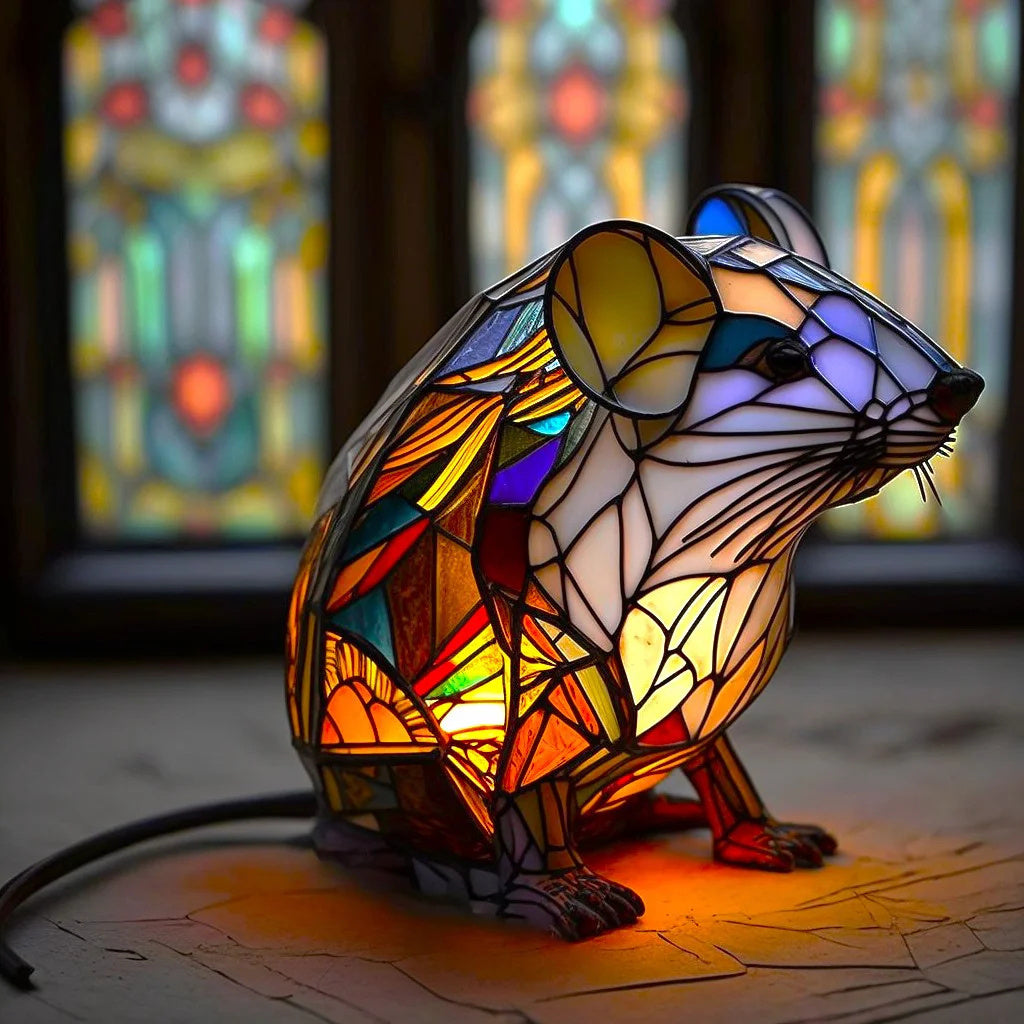 Buntglas-Tischlampe mit Tierdesign, handgefertigt, warme Innenbeleuchtung für Schlafzimmer.