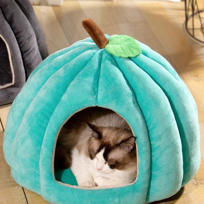 Stilvolles 3D-Kürbis Katzenhaus, perfekt als dekorativer Schlafplatz und gemütliches Bett für Katze & Kleintier.