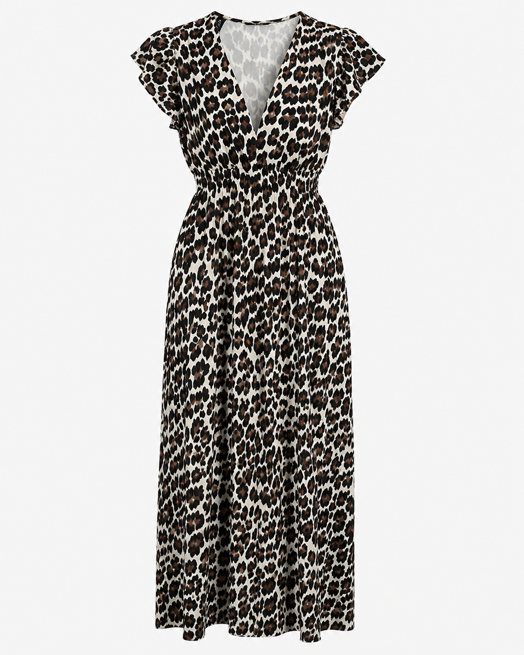 Elegantes Damen Sommer Maxikleid in Grau mit modischem Leo-Print und raffiniertem Rückenausschnitt für Strandtage.