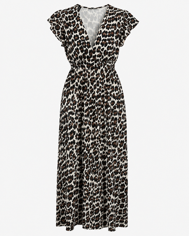 Elegantes Damen Sommer Maxikleid in Grau mit modischem Leo-Print und raffiniertem Rückenausschnitt für Strandtage.