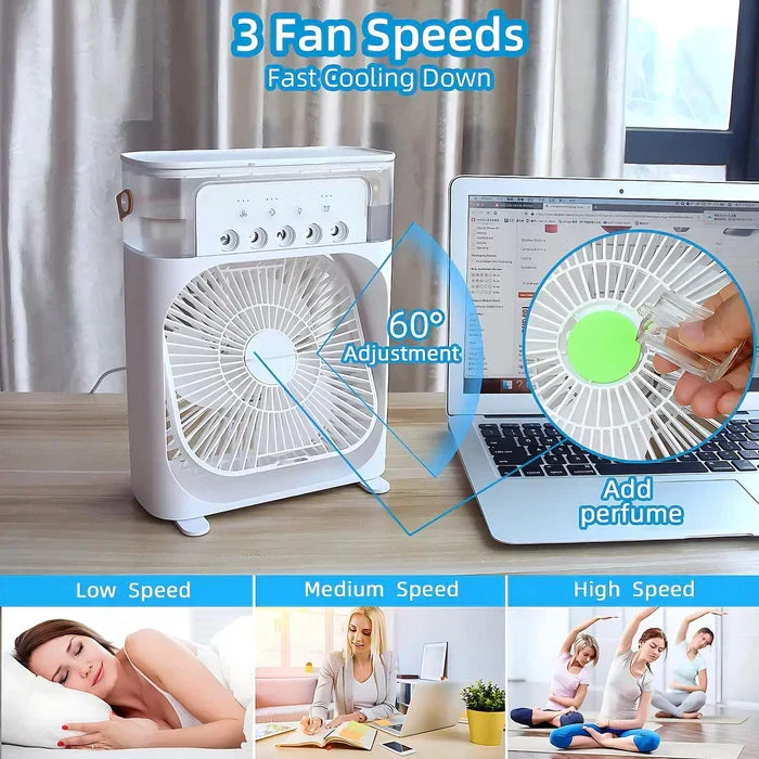 Moderner Luftkühler mit integriertem Ventilator, Luftbefeuchter & farbiger LED Beleuchtung für entspanntes Ambiente.