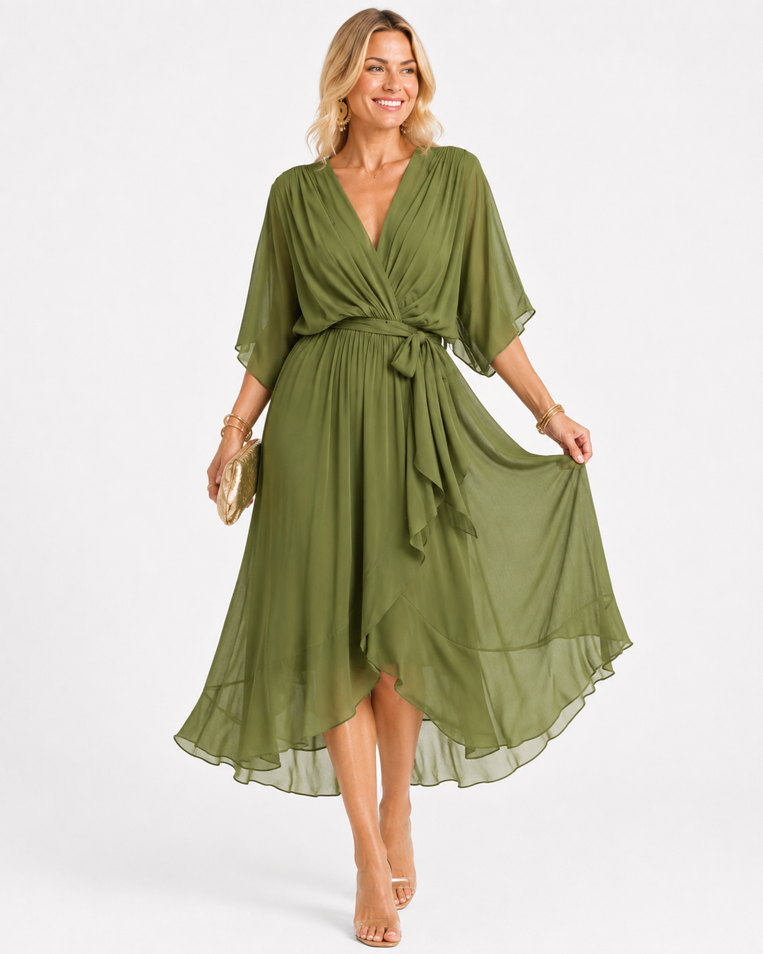 Elegantes Damen Maxikleid mit V-Ausschnitt und Taillenschnitt in fließendem Stoff, ideal für Sommer und Feste.