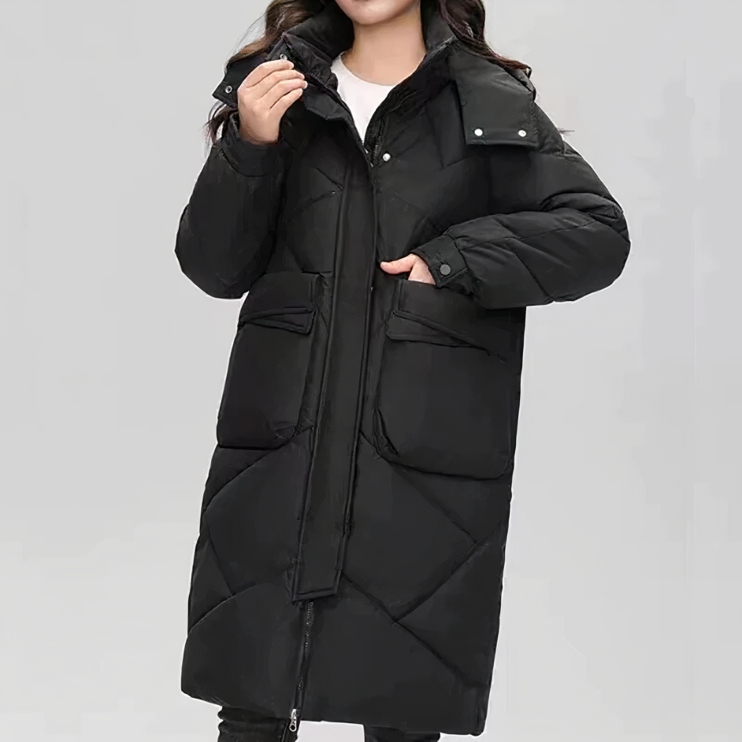Damen Winter Steppjacke, lang geschnitten, in modernem Design. Warm und chic für stilvolle Auftritte im Winter.