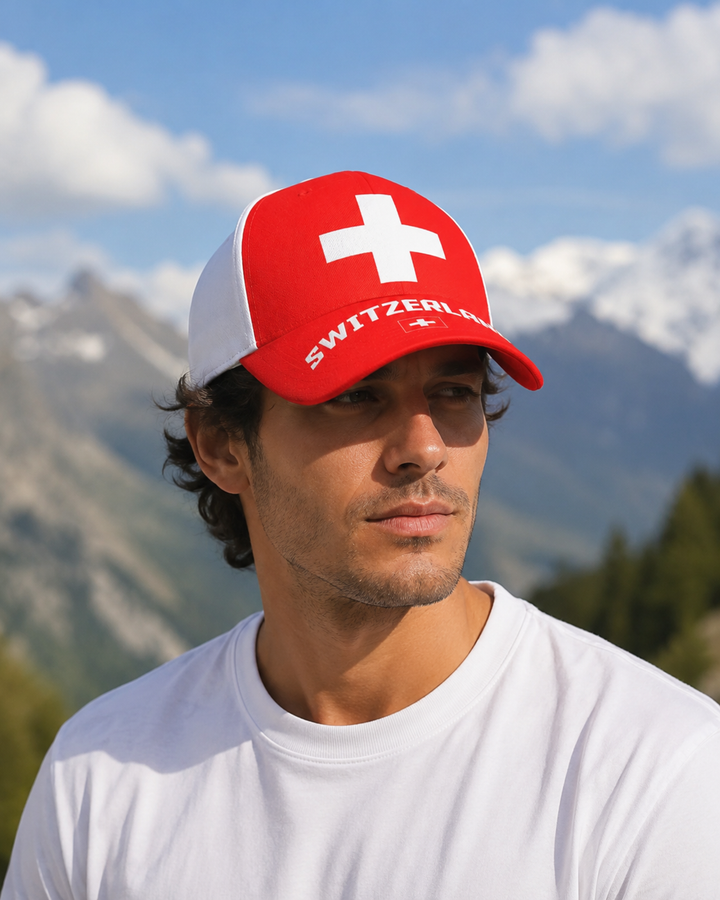 Moderne rote Sport-Cap Unisex mit Schweiz-Fahne, Fanartikel für alle Fußball-Begeisterten.