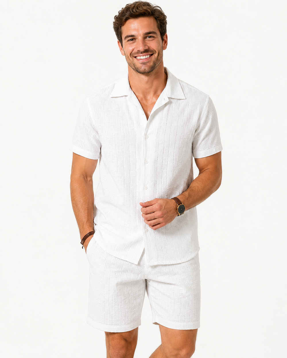Elegantes Herren Zweiteiliges Jacquard Set mit Kurzarmhemd & Shorts. Perfekt für Sommer, Strand & Freizeit.