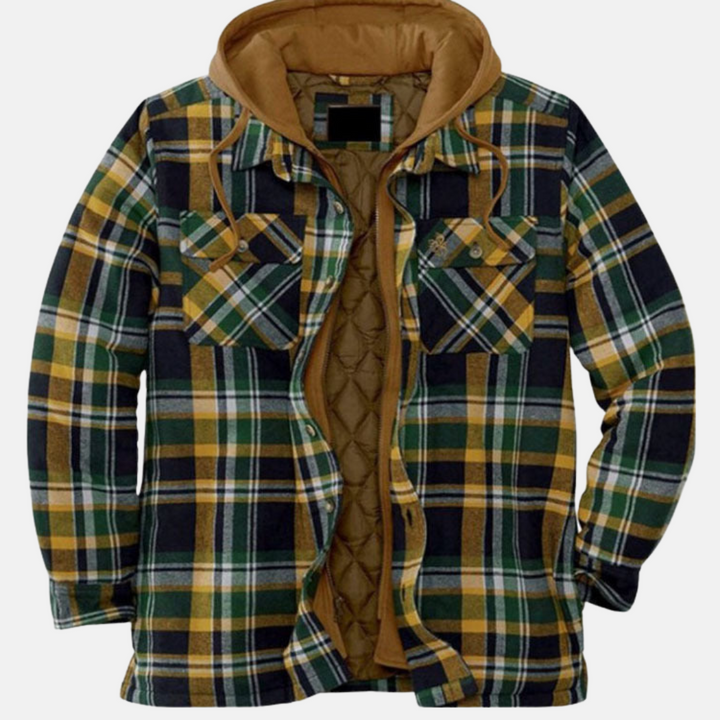 Mann trägt lässige karierte Herrenjacke, ideal für Freizeit, Outdoormode, Herbst- & Wintertage.