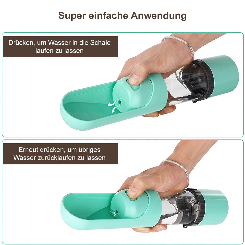 Auslaufsichere PawBuddy Hunde-Futter- & Wasserflasche, praktisch für Gassi und Reisen.