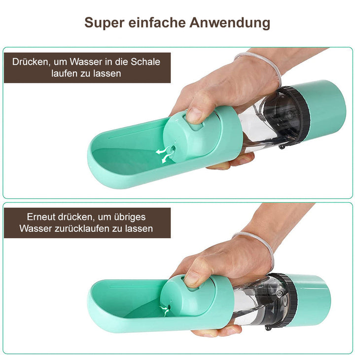 Auslaufsichere PawBuddy Hunde-Futter- & Wasserflasche, praktisch für Gassi und Reisen.
