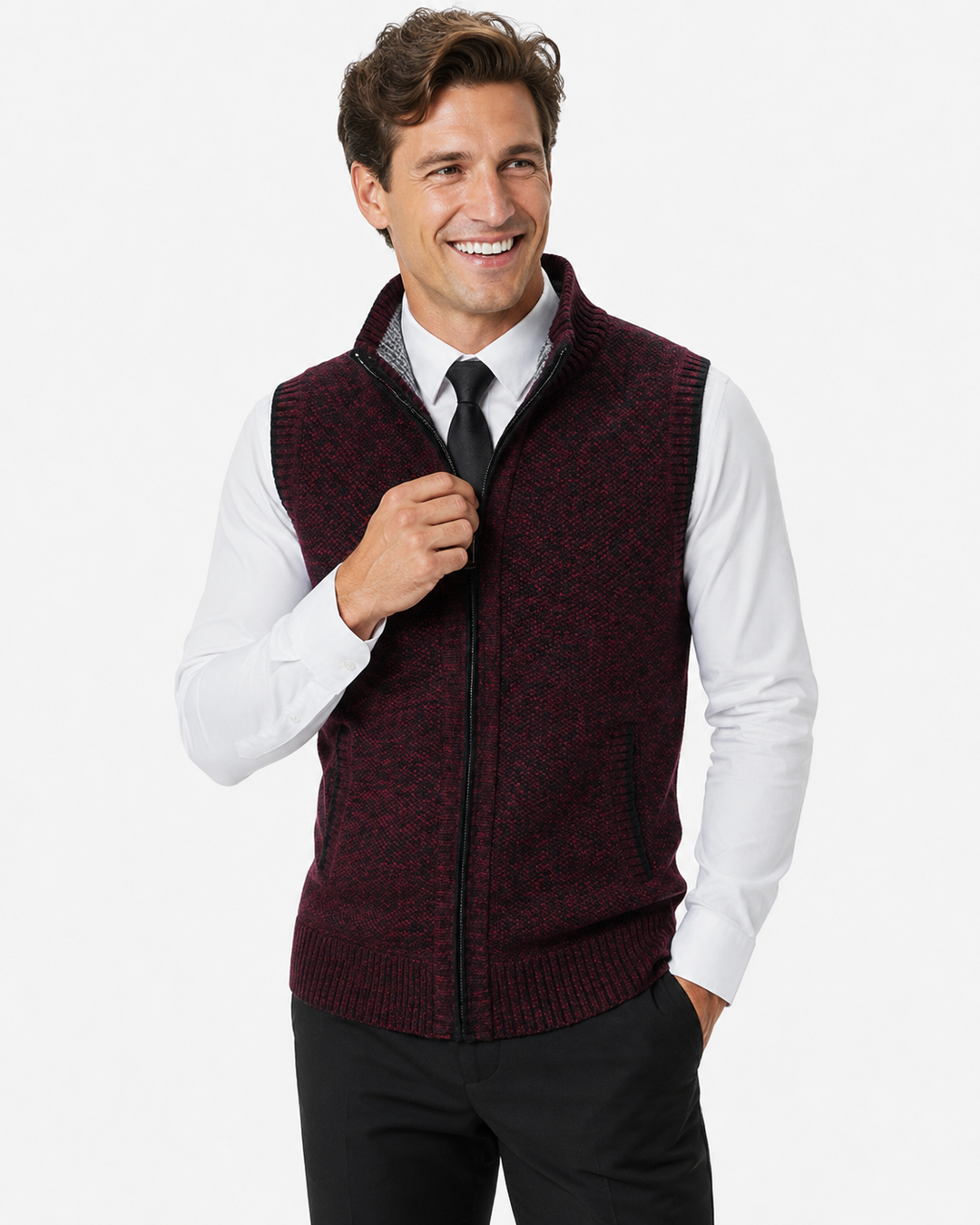 Komfortable Herren Strickweste aus hochwertiger Wolle, mit luxuriösem Samtfutter für Wärme.