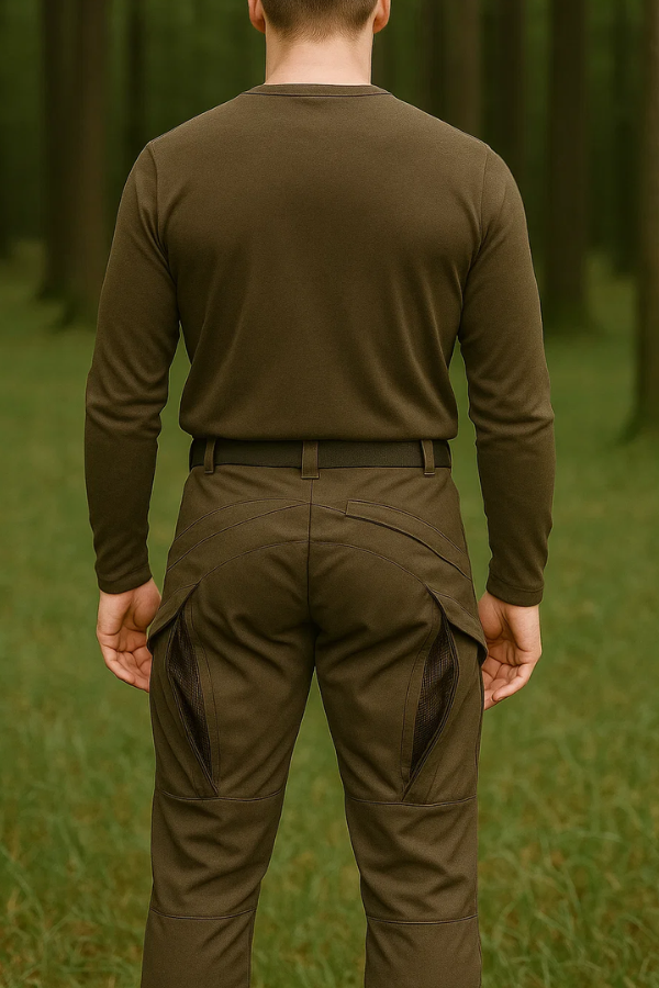 Robuste, dunkelbeige Herren Jagdhose als Cargohose. Geräuscharm, atmungsaktiv & wasserabweisend für die Jagd.
