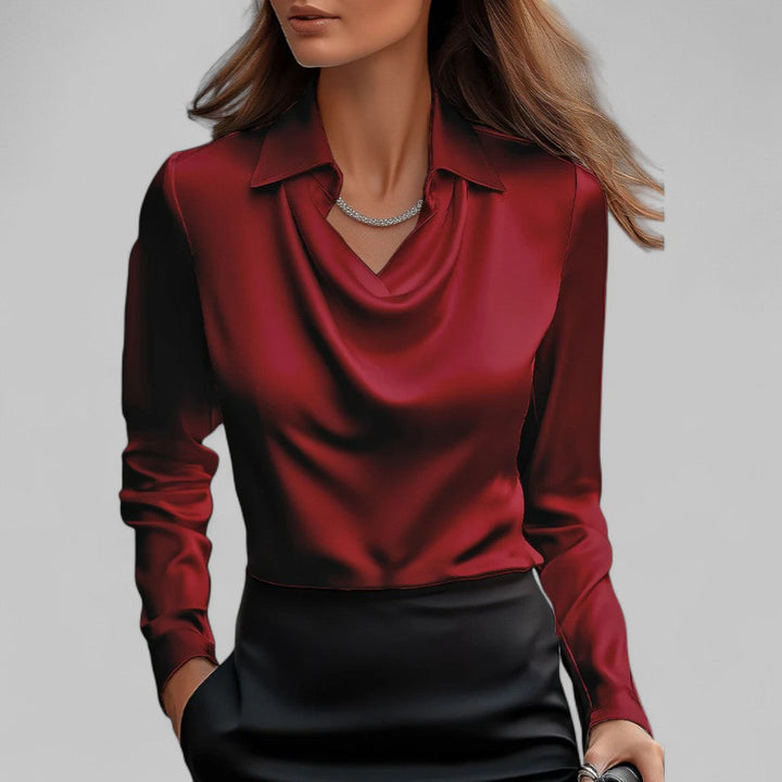 Damen Bluse mit elegantem Wasserfallausschnitt, Langarm. Klassisches Oberteil für Büro & Party. Frauenmode.
