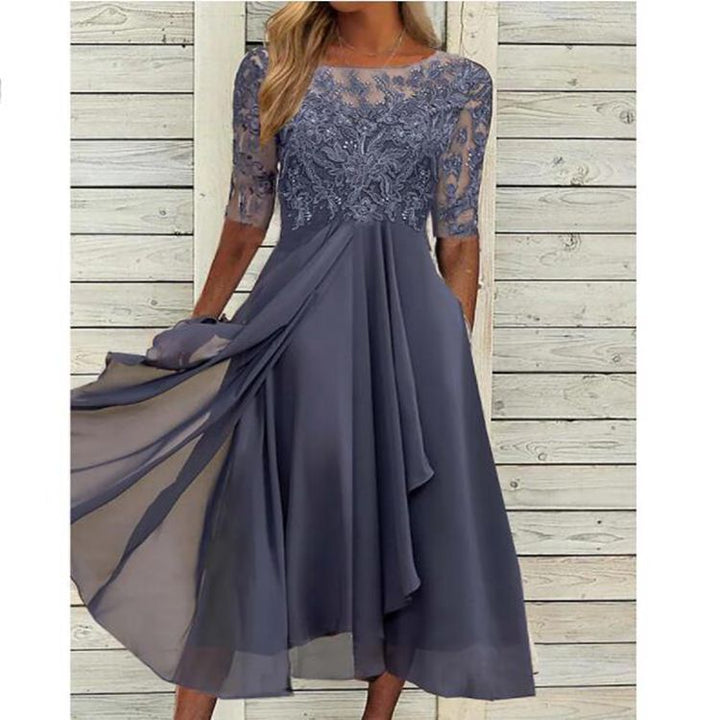 Lila festliches Damen Spitzenkleid in A-Linie, ein elegantes Midikleid für Abend, Party & Hochzeitsfeier.