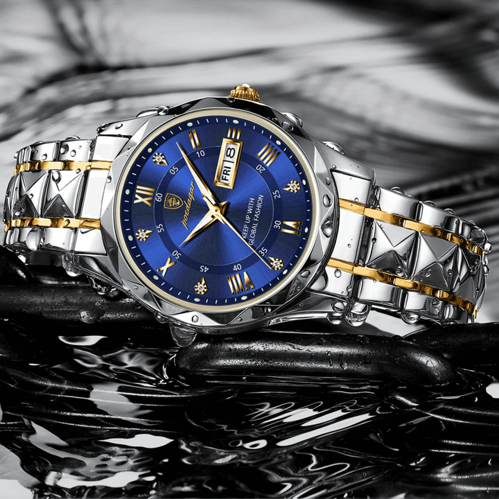 Klassische Herrenarmbanduhr aus Edelstahl, elegant, mit präzisem Quarzwerk und Wochentagsanzeige.