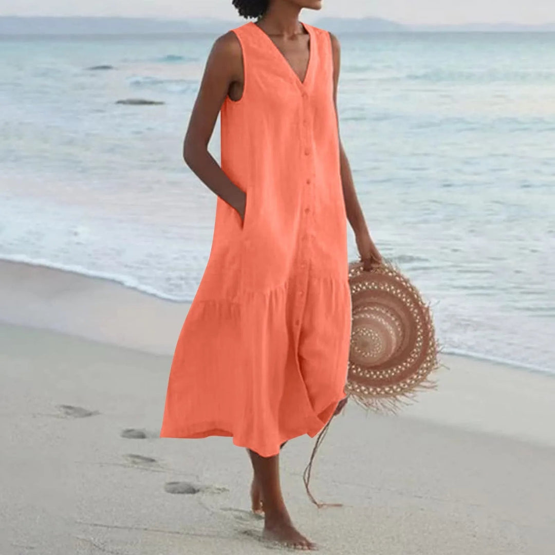 Grünes Elara Leinenkleid für Damen mit V-Ausschnitt. Stilvolles Kurzarm Sommerkleid, komfortabel & schick.