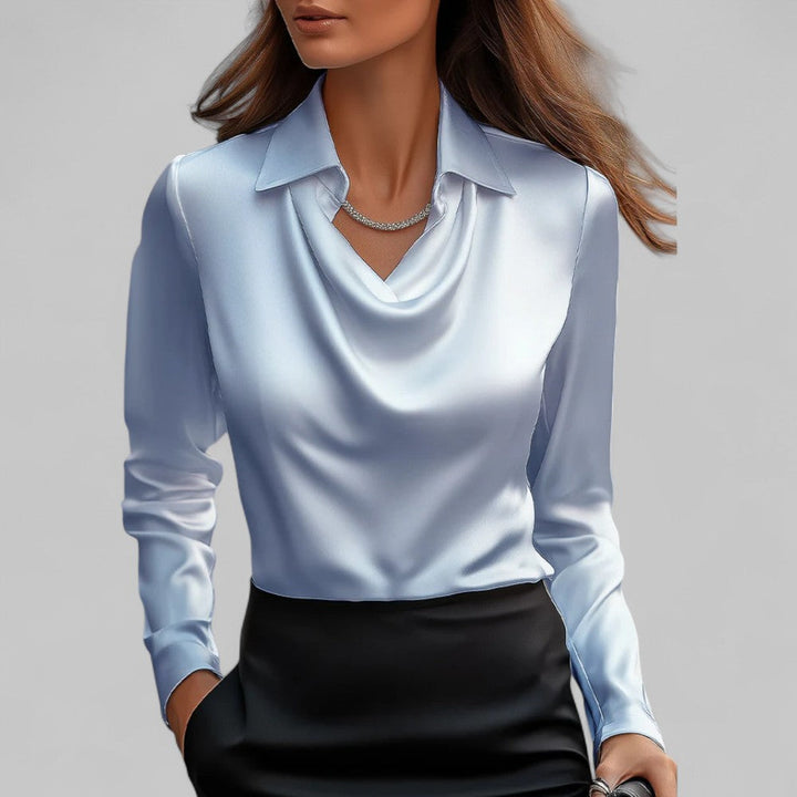 Moderne Damen Bluse mit elegantem Wasserfallausschnitt. Vielseitiges Langarm Oberteil, perfekt für Business & Freizeit.