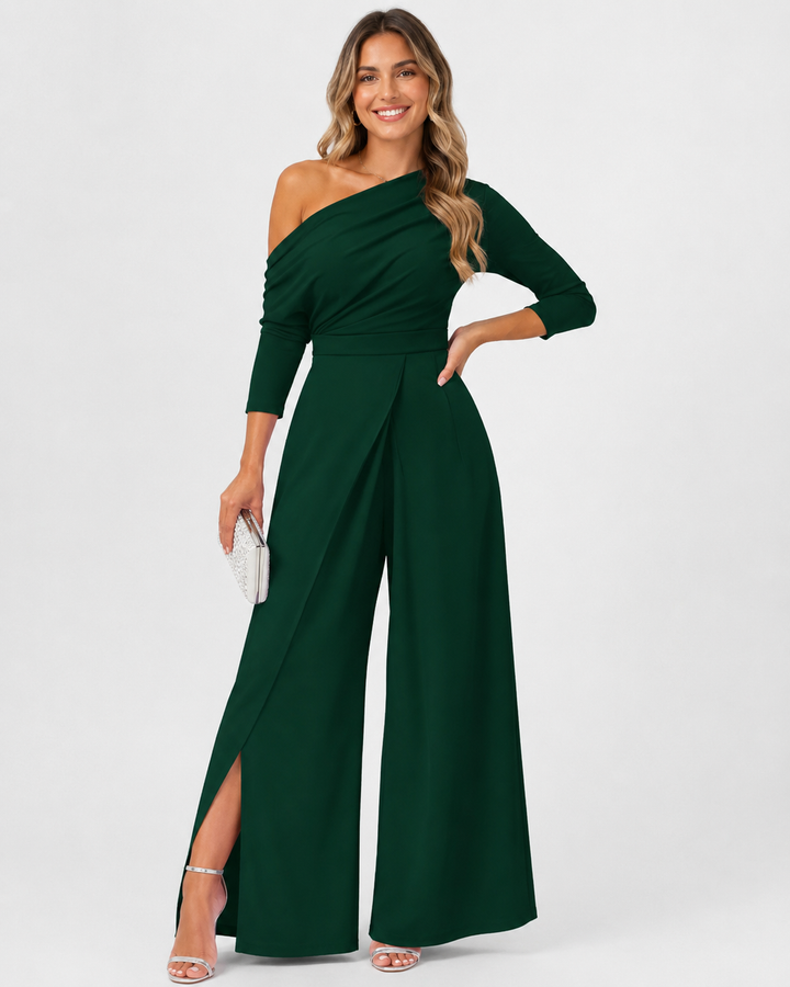 Eleganter Damen Jumpsuit, asymmetrisch schulterfrei, mit Langarm, ideal für festliche Abendmode.