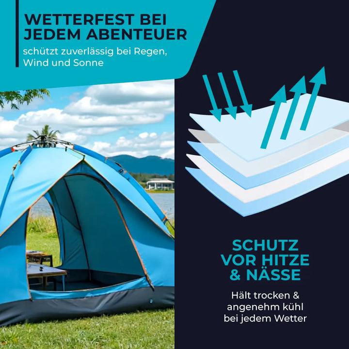 3 Sekunden-Zelt mit UV-Schutz, steht im Sonnenschein. Schützt vor Sonne, ideal für Festival & Strand.