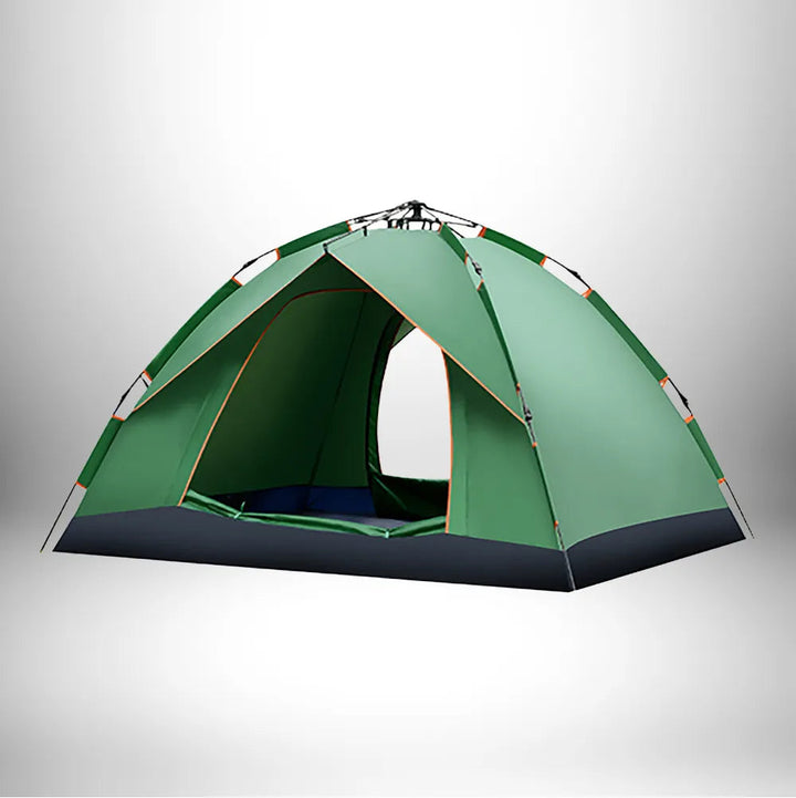 Aufgebautes 3 Sekunden-Campingzelt auf einem Zeltplatz. Robustes Outdoorzelt für jede Reise und jedes Terrain.