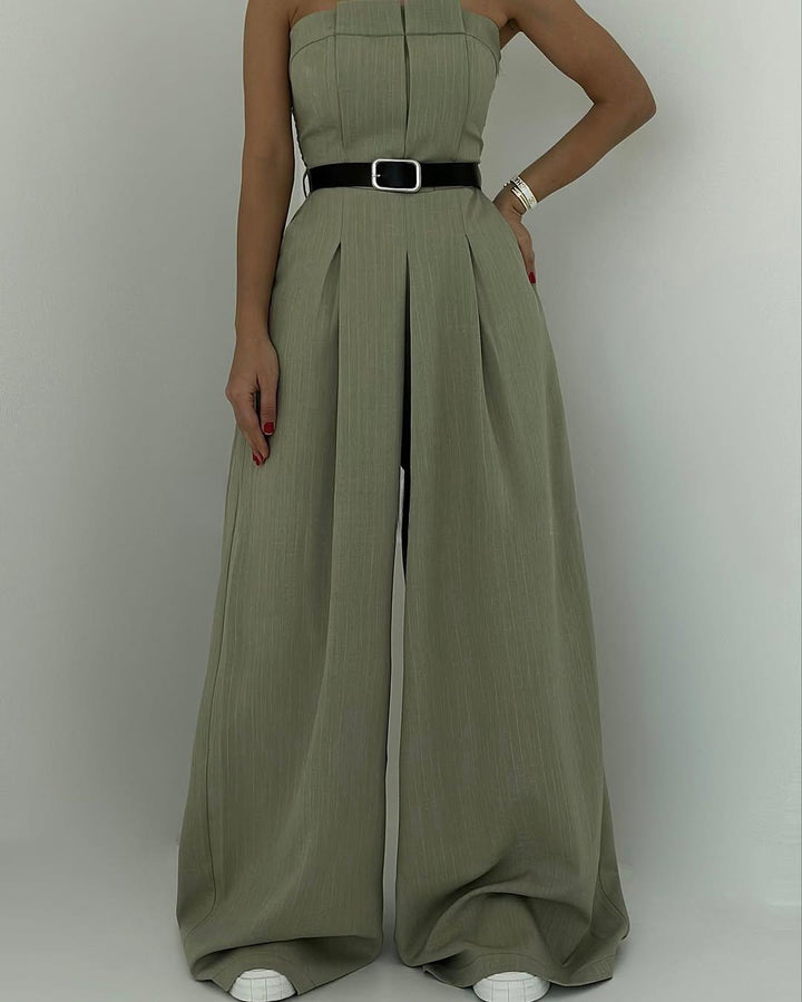 Statement-Look Damen Set: 3-teiliger Hosenanzug mit trägerlosem Top, Jacke & fließender weiter Hose. Sehr elegant.