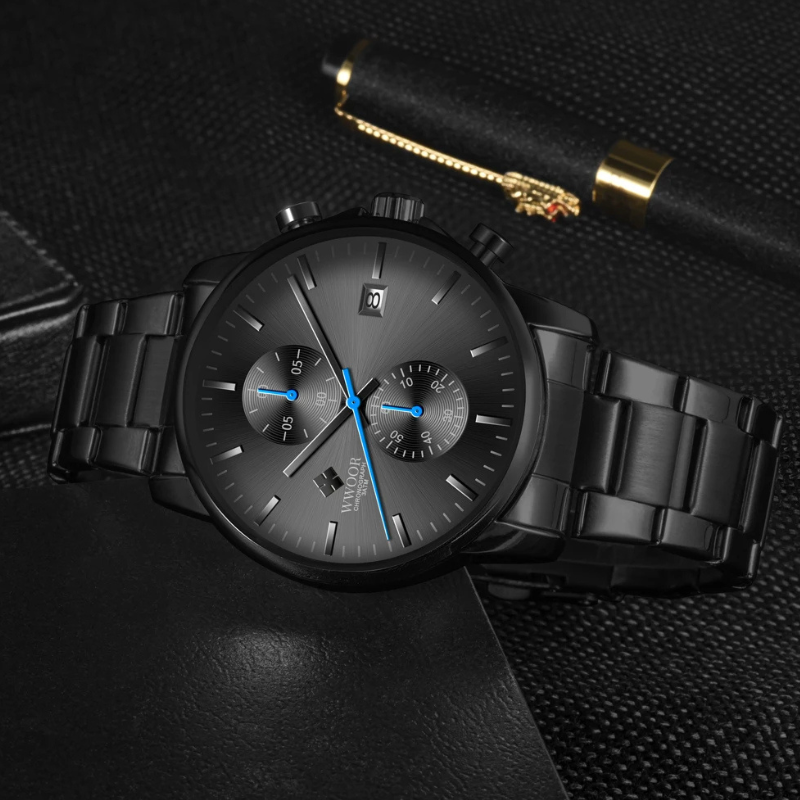 Perfekte Geschenkidee: Elegante & robuste Herren Chronograph Armbanduhr in Schwarz, stilvolles Accessoire.