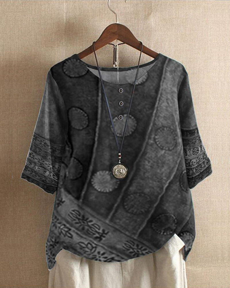 Damen Gretta Bluse: Lockeres Boho-Top mit auffälligem Vintage-Print. Stilvolles Langarm-Oberteil für jede Jahreszeit.