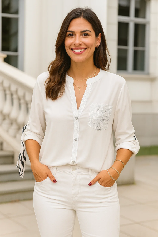 Schwarzes Damen Pailletten Top, locker geschnitten, für stilvolle Abende oder als elegantes Freizeit-Shirt.