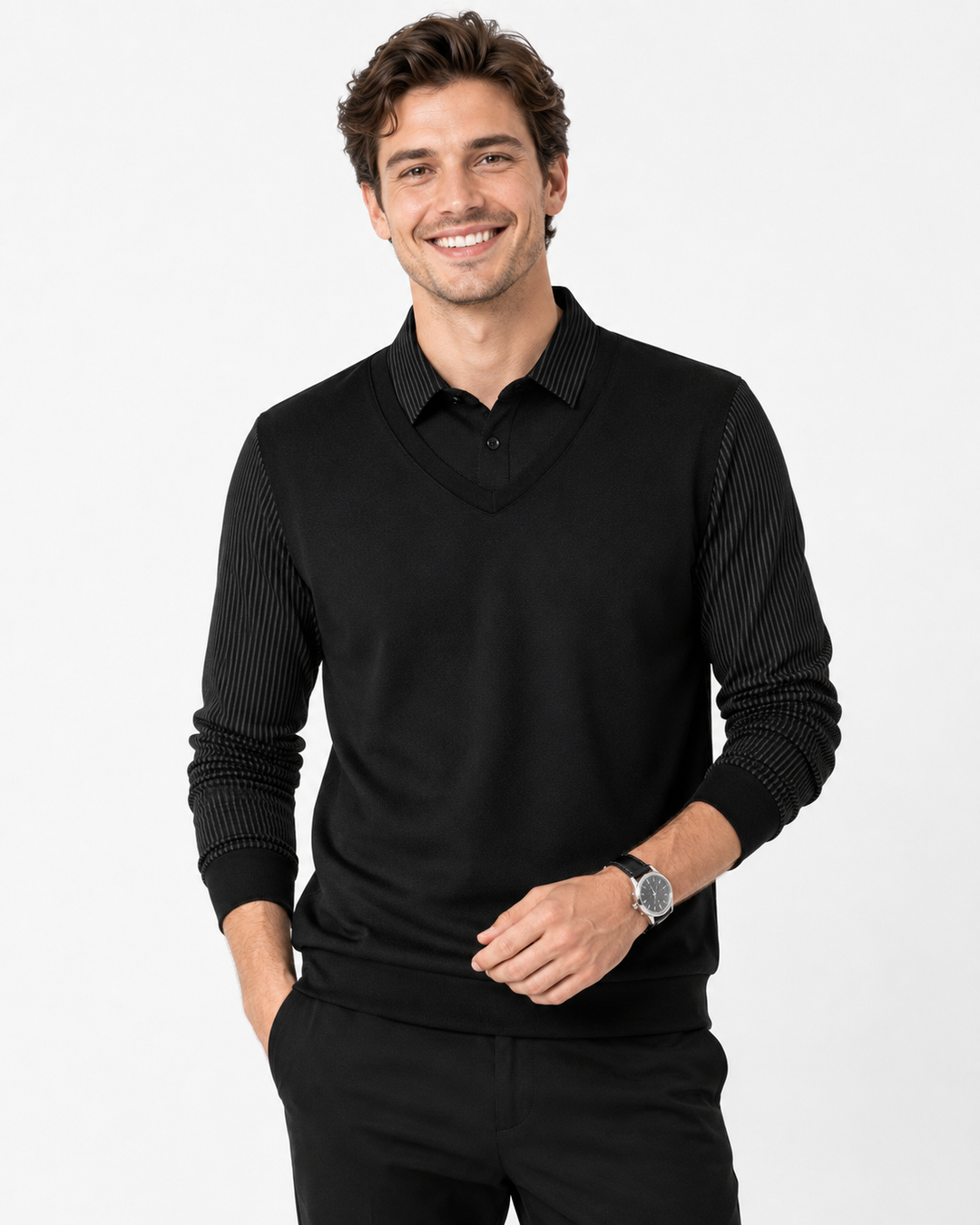 Herren Business Casual Langarm-Pullover gestreift mit Kragen. Eleganter Freizeit- und Büro-Pullover für Männer.