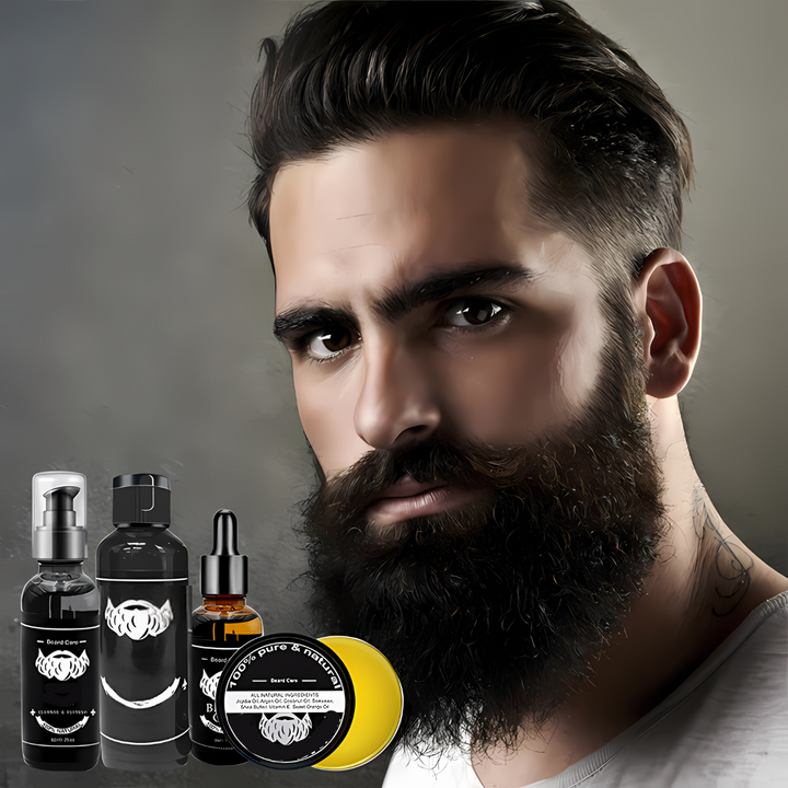 Männer Bartpflege Set: Bartöl, Bartglätter, Dermaroller für Styling, Glanz und Förderung des Bartwuchses.