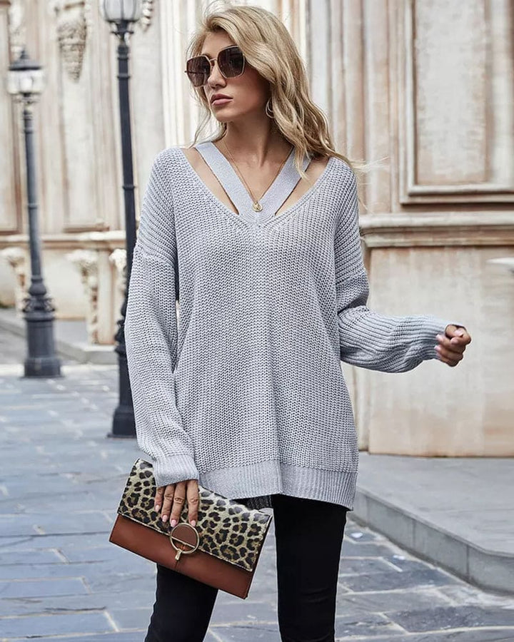 Modischer Damen Longpullover, V-Ausschnitt. Ideal für den Alltag und entspannte Freizeit-Looks.