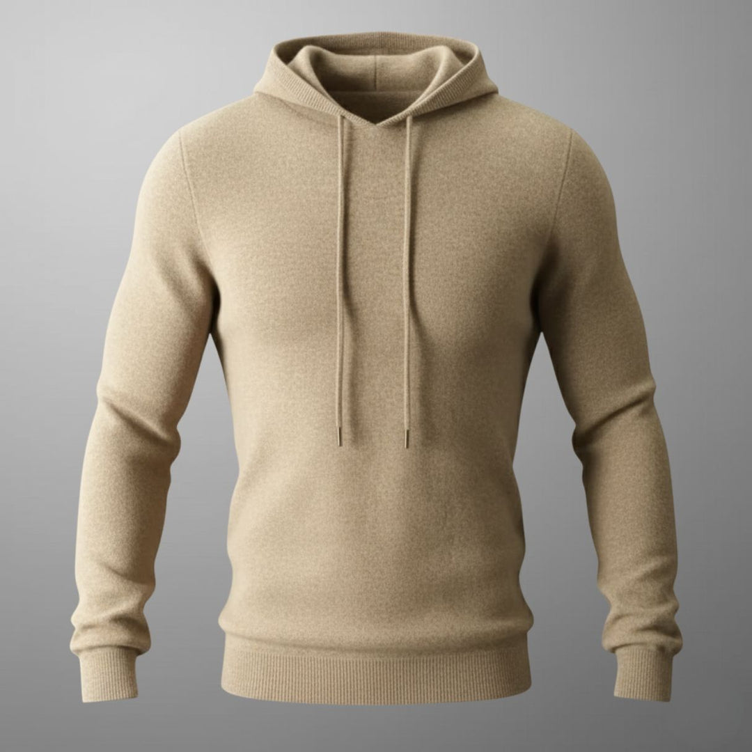 Herren Hoodie in Kamel mit verstellbarer Kapuze. Leichter, bequemer Kapuzenpullover für vielseitige Herrenmode.