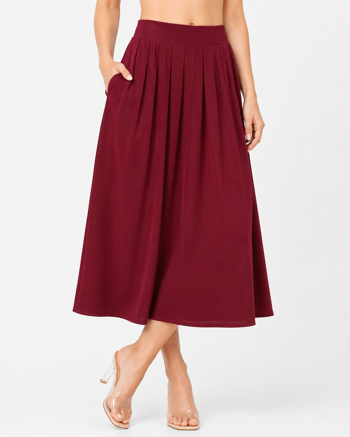 Eleganter Damen Frühling Sommer Midi-Rock mit elastischem Bund und fließendem Schnitt, ideal für Alltag und Freizeit.
