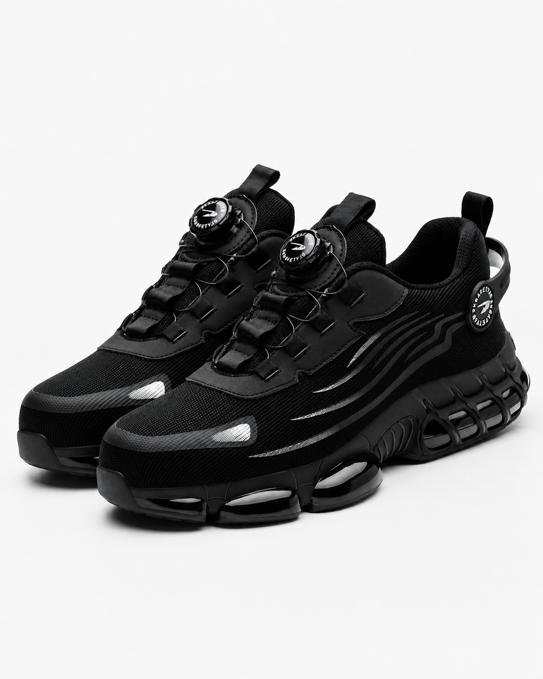 Schwarze Herren Sicherheits-Sneaker mit Drehverschluss. Bequeme Arbeitsschuhe mit Durchtrittschutz & Zehenschutz für Komfort.