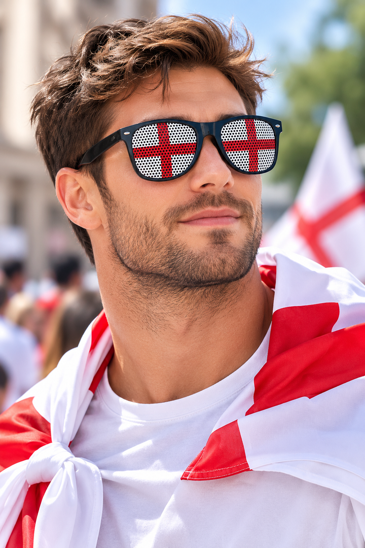 Junge Person trägt schwarze Unisex Sonnenbrille im Flaggendesign bei einem Outdoor-Event. Perfekter Fan-Look.