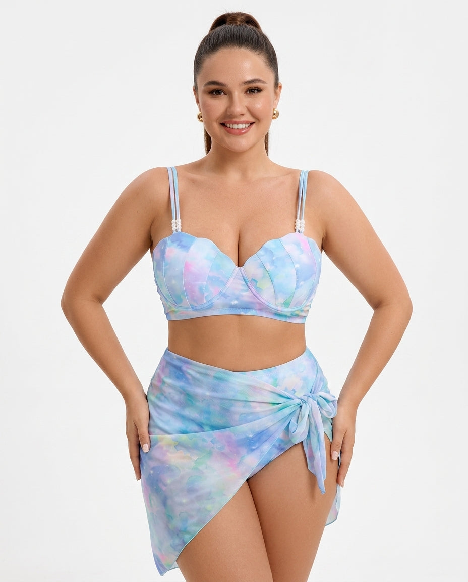 Modischer Tie-Dye Damen 3-Teiler Badeanzug mit Bikini-Oberteil, Hose & passendem Überrock.