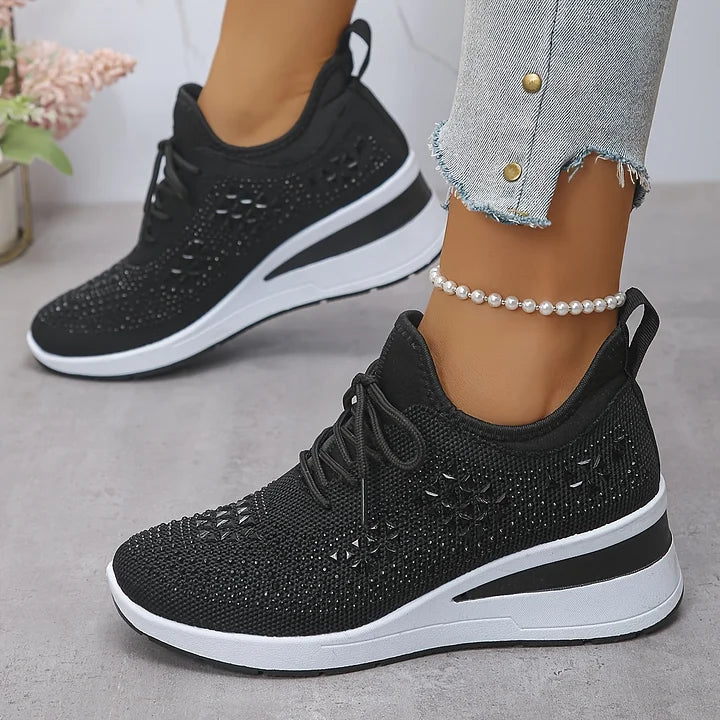 Bequeme orthopädische Damenschuhe mit Strass, effizienter Fußgewölbestütze & Keilsohle.