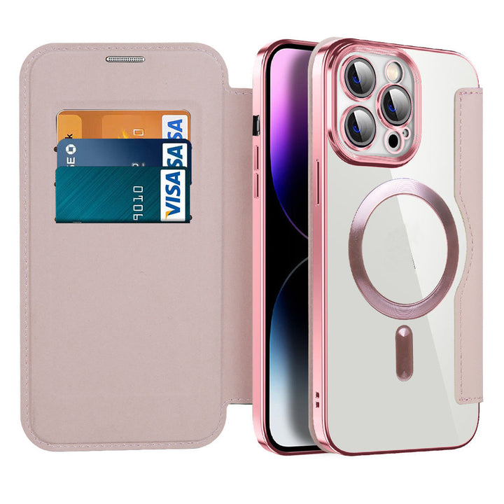 Exklusives Leder Flip Case für iPhone 12/13/14/15, bietet RFID-Schutz und sicheren Magnetverschluss.