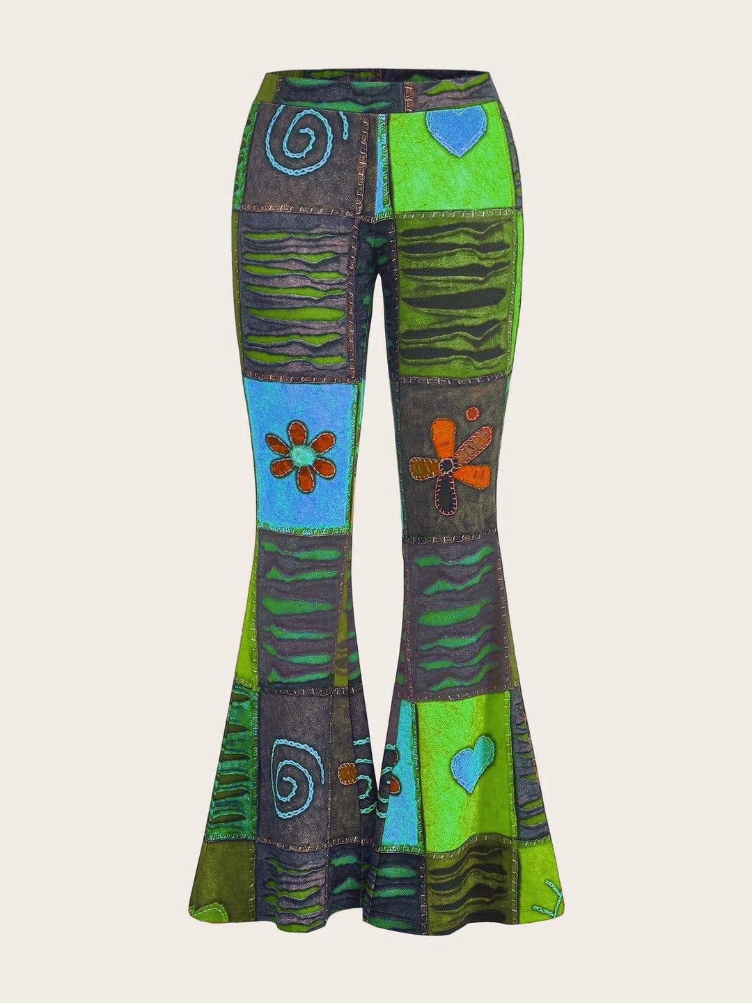 Stilvolle Damen Bootcut-Hose mit lebhaftem abstraktem Muster. Perfekt für Mode & frühlingshafte Looks.