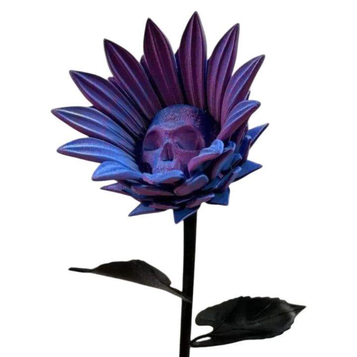 3D-gedruckte Sonnenblumen-Schädel Skulptur. Einzigartige, farbenfrohe Gothic Deko für Halloween & Heim.