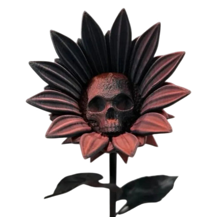 Faszinierende Sonnenblumen-Schädel Skulptur. 3D-gedruckte, farbenfrohe Gothic Deko. Ideales Halloween & Wohn-Ornament.