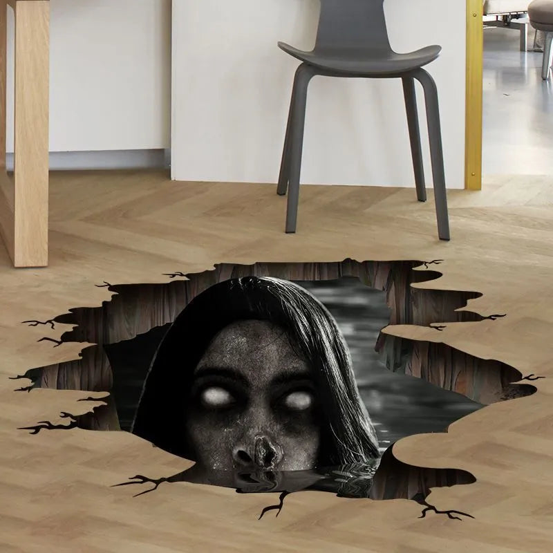 Realistischer 3D Halloween Bodenaufkleber mit Horror-Motiven, ideal für eine schaurige saisonale Dekoration.