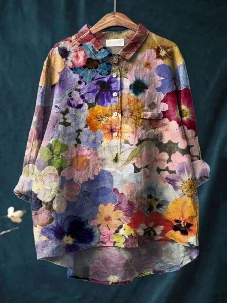 Modische Damen Herbstbluse mit farbigem Blumendruck, Langarm, vielseitig kombinierbar.